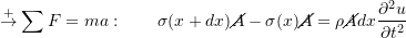 \[\stackrel{+}\rightarrow\sum F = ma:\qquad\sigma\bigl(x + dx\bigr) \cancel{A} - \sigma\bigl(x\bigr) \cancel{A} = \rho \cancel{A} dx \ensuremath{\frac{\partial^2 u}{\partial t^2}}\]