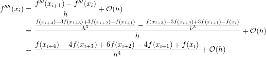 \[ \begin{split} f''''(x_i) & = \frac{f'''(x_{i+1})-f'''(x_i)}{h}+\mathcal O (h)\\ &=\frac{\frac{f(x_{i+4})-3f(x_{i+3})+3f(x_{i+2})-f(x_{i+1})}{h^3}-\frac{f(x_{i+3})-3f(x_{i+2})+3f(x_{i+1})-f(x_i)}{h^3}}{h} +\mathcal O (h)\\ &=\frac{f(x_{i+4})-4f(x_{i+3})+6f(x_{i+2})-4f(x_{i+1})+f(x_i)}{h^4}+\mathcal O (h) \end{split} \]