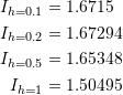 \[\begin{split} I_{h=0.1}&=1.6715\\ I_{h=0.2}&=1.67294\\ I_{h=0.5}&=1.65348\\ I_{h=1}&=1.50495 \end{split} \]