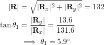 \[\begin{split}|\bold R|&=\sqrt{|\bold R_x|^2+|\bold R_y|^2}=132\\\tan \theta_1 &=\frac{|\bold R_y|}{|\bold R_x|}=\frac{13.6}{131.6}\\ &\implies \theta_1=5.9^{\circ}\end{split}\]