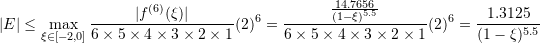 \[ |E|\leq\max_{\xi\in[-2,0]}\frac{|f^{(6)}(\xi)|}{6\times 5\times 4\times 3 \times 2\times 1}(2)^6=\frac{\frac{14.7656}{(1-\xi)^{5.5}}}{6\times 5\times 4\times 3 \times 2\times 1}(2)^6=\frac{1.3125}{(1-\xi)^{5.5}} \]