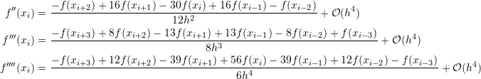 \[\begin{split} f''(x_{i})&=\frac{-f(x_{i+2})+16f(x_{i+1})-30f(x_{i})+16f(x_{i-1})-f(x_{i-2})}{12h^2}+\mathcal O (h^4)\\ f'''(x_{i})&=\frac{-f(x_{i+3})+8f(x_{i+2})-13f(x_{i+1})+13f(x_{i-1})-8f(x_{i-2})+f(x_{i-3})}{8h^3}+\mathcal O (h^4)\\ f''''(x_{i})&=\frac{-f(x_{i+3})+12f(x_{i+2})-39f(x_{i+1})+56f(x_{i})-39f(x_{i-1})+12f(x_{i-2})-f(x_{i-3})}{6h^4}+\mathcal O (h^4) \end{split} \]