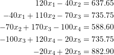 \[ \begin{split} 120x_1-40x_2=637.65\\ -40x_1+110x_2-70x_3=735.75\\ -70x_2+170x_3-100x_4=588.60\\ -100x_3+120x_4-20x_5=735.75\\ -20x_4+20x_5=882.90 \end{split} \]