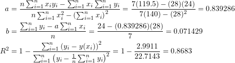 \[ \begin{split} a&=\frac{n\sum_{i=1}^nx_iy_i-\sum_{i=1}^nx_i\sum_{i=1}^ny_i}{n\sum_{i=1}^nx_i^2-\left(\sum_{i=1}^nx_i\right)^2}=\frac{7(119.5)-(28)(24)}{7(140)-(28)^2}=0.839286\\ b&=\frac{\sum_{i=1}^ny_i-a\sum_{i=1}^nx_i}{n}=\frac{24-(0.839286)(28)}{7}=0.071429\\ R^2&=1-\frac{\sum_{i=1}^n\left(y_i-y(x_i)\right)^2}{\sum_{i=1}^n\left(y_i-\frac{1}{n}\sum_{i=1}^ny_i\right)^2}=1-\frac{2.9911}{22.7143}=0.8683 \end{split} \]