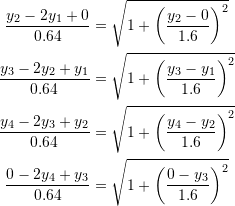 \[ \begin{split} \frac{y_2-2y_1+0}{0.64}&=\sqrt{1+\left(\frac{y_2-0}{1.6}\right)^2}\\ \frac{y_3-2y_2+y_1}{0.64}&=\sqrt{1+\left(\frac{y_3-y_1}{1.6}\right)^2}\\ \frac{y_4-2y_3+y_2}{0.64}&=\sqrt{1+\left(\frac{y_4-y_2}{1.6}\right)^2}\\ \frac{0-2y_4+y_3}{0.64}&=\sqrt{1+\left(\frac{0-y_3}{1.6}\right)^2} \end{split} \]