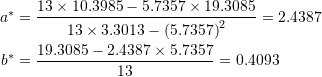 \[\begin{split} a^*&=\frac{13\times 10.3985-5.7357\times 19.3085}{13\times 3.3013-\left(5.7357\right)^2}=2.4387\\ b^*&=\frac{19.3085-2.4387\times 5.7357}{13}=0.4093 \end{split} \]