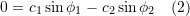 \[0 = c_1\sin\phi_1 - c_2\sin\phi_2 \quad (2) \]