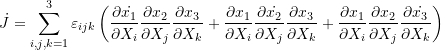 \[ \dot{J} = \sum_{i,j,k=1}^3\varepsilon_{ijk}\left(\frac{\partial \dot{x_1}}{\partial X_i}\frac{\partial x_2}{\partial X_j}\frac{\partial x_3}{\partial X_k}+\frac{\partial x_1}{\partial X_i}\frac{\partial \dot{x_2}}{\partial X_j}\frac{\partial x_3}{\partial X_k}+\frac{\partial x_1}{\partial X_i}\frac{\partial x_2}{\partial X_j}\frac{\partial \dot{x_3}}{\partial X_k}\right) \]