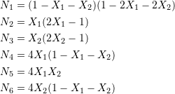 \[\begin{split} N_1&=(1-X_1-X_2)(1-2X_1-2X_2)\\ N_2&=X_1(2X_1-1)\\ N_3&=X_2(2X_2-1)\\ N_4&=4X_1(1-X_1-X_2)\\ N_5&=4X_1X_2\\ N_6&=4X_2(1-X_1-X_2) \end{split} \]