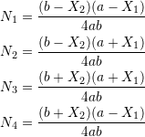 \[\begin{split} N_1&=\frac{(b-X_2)(a-X_1)}{4ab}\\ N_2&=\frac{(b-X_2)(a+X_1)}{4ab}\\ N_3&=\frac{(b+X_2)(a+X_1)}{4ab}\\ N_4&=\frac{(b+X_2)(a-X_1)}{4ab} \end{split} \]