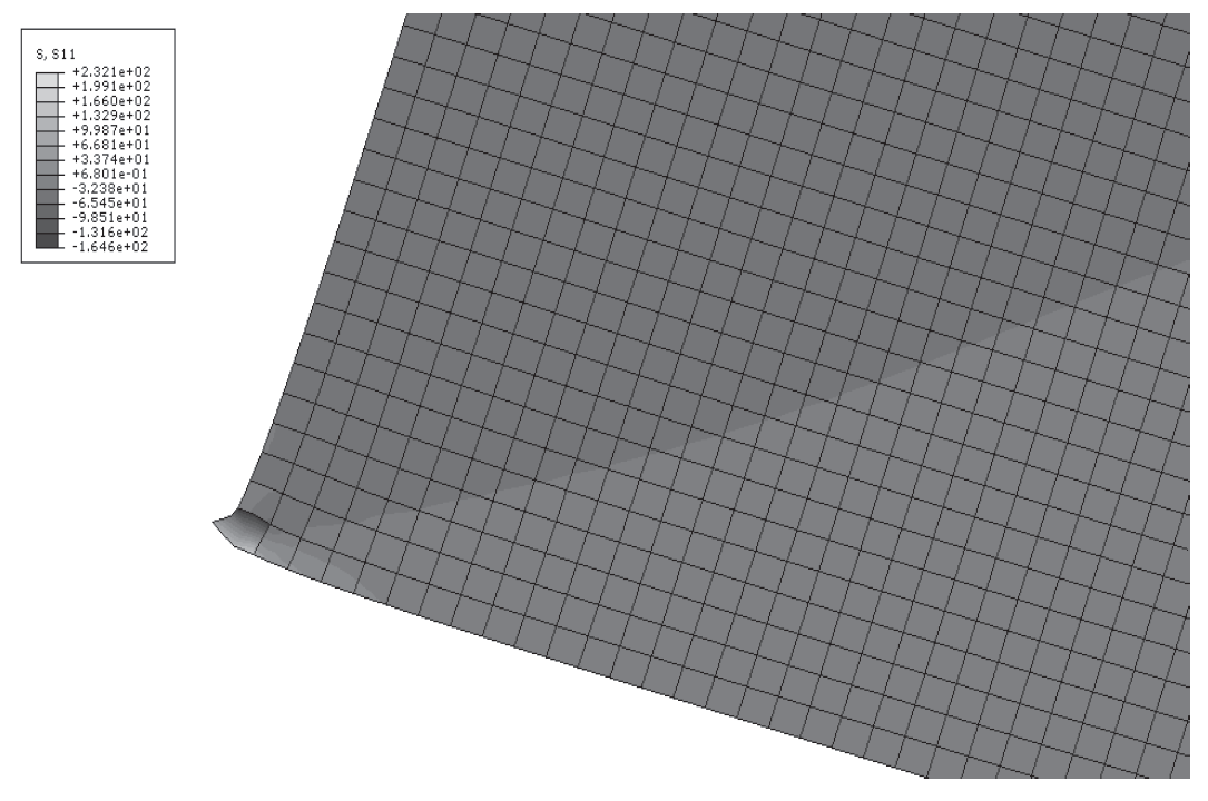 Figure 5. Stress concentrations at the location of the applied concentrated force (reaction) using a fine mesh of 8-nodes reduced integration quadrilaterals.